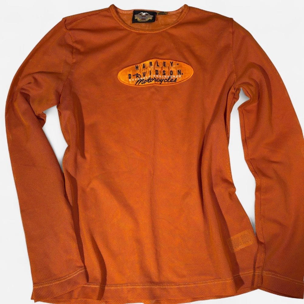 Y2K HARLEY DAVIDSON WOMENS LONG SLEEVE MESH ORANGE TOP